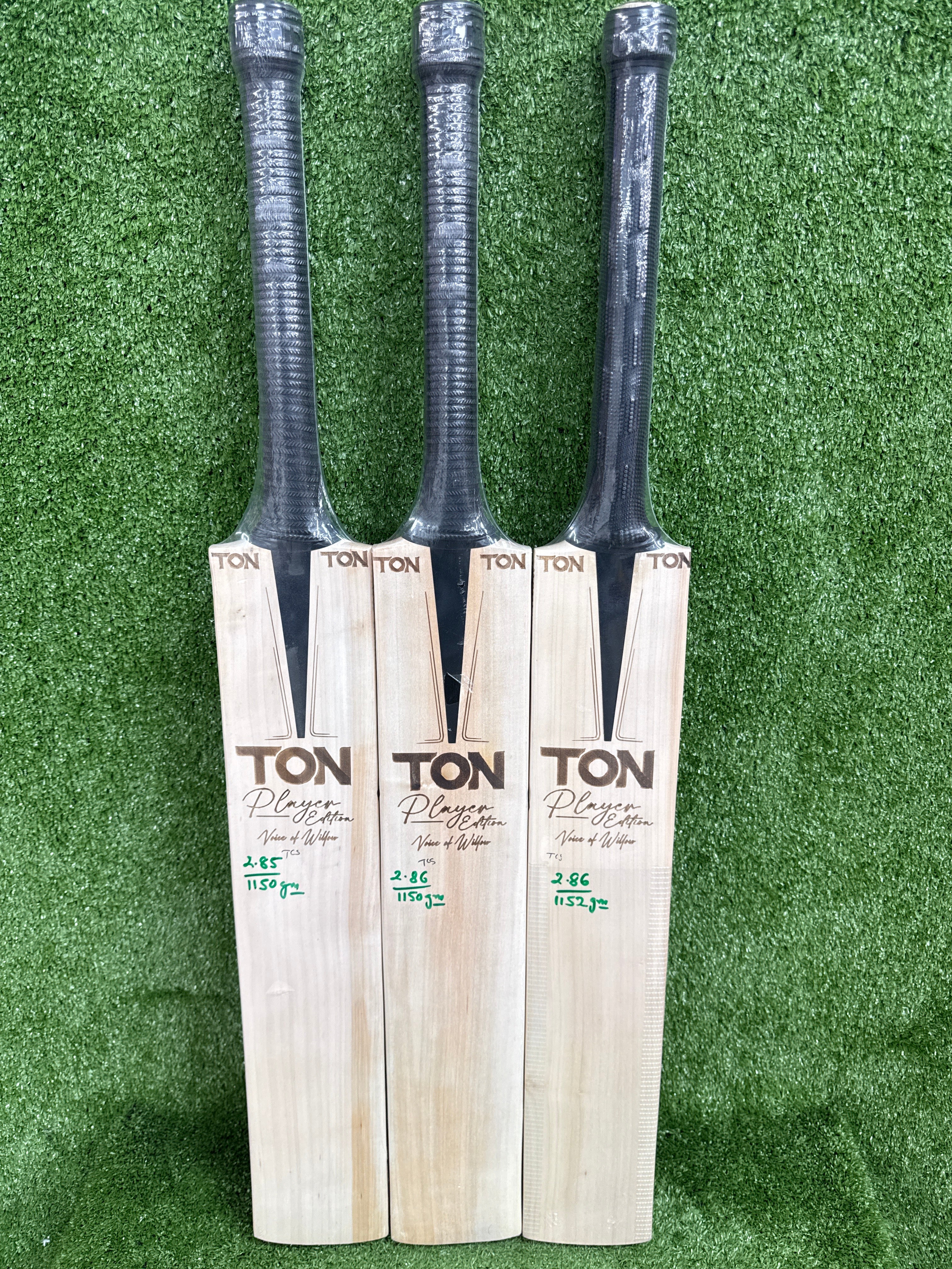Full front view of the SS Voice of Willow Grade 1 Kashmir Willow Cricket Bat, showing its full profile and clean hitting face.