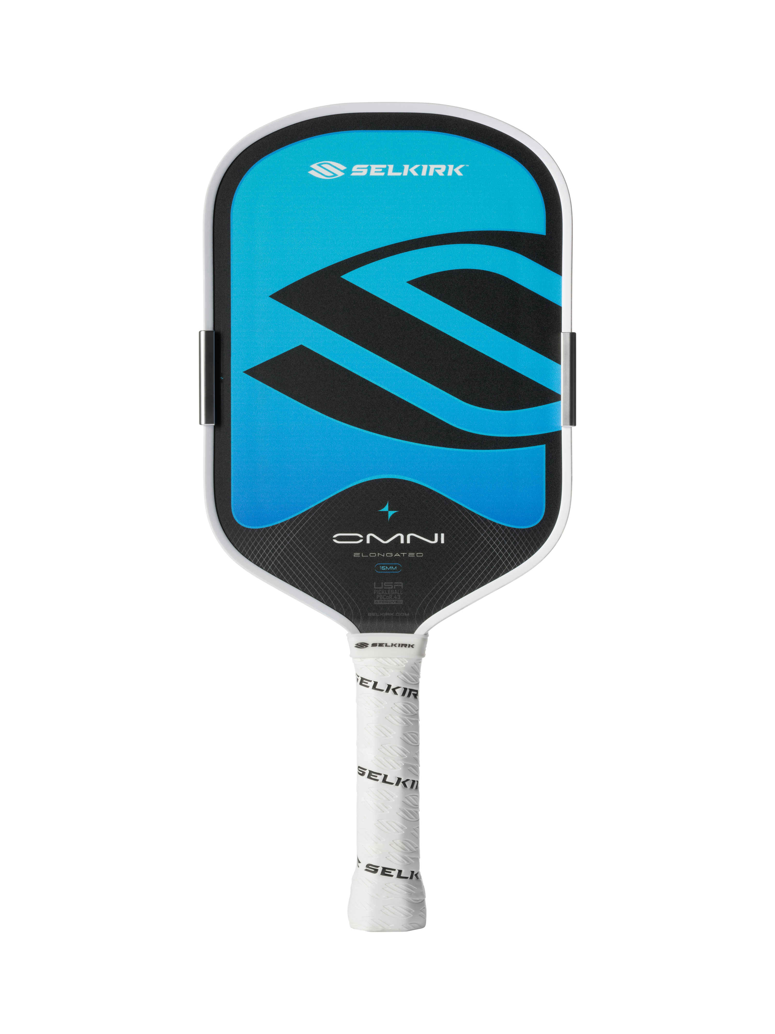 Selkirk OMNI pickleball paddle, Elongated shape in Hydro Blue, full face view