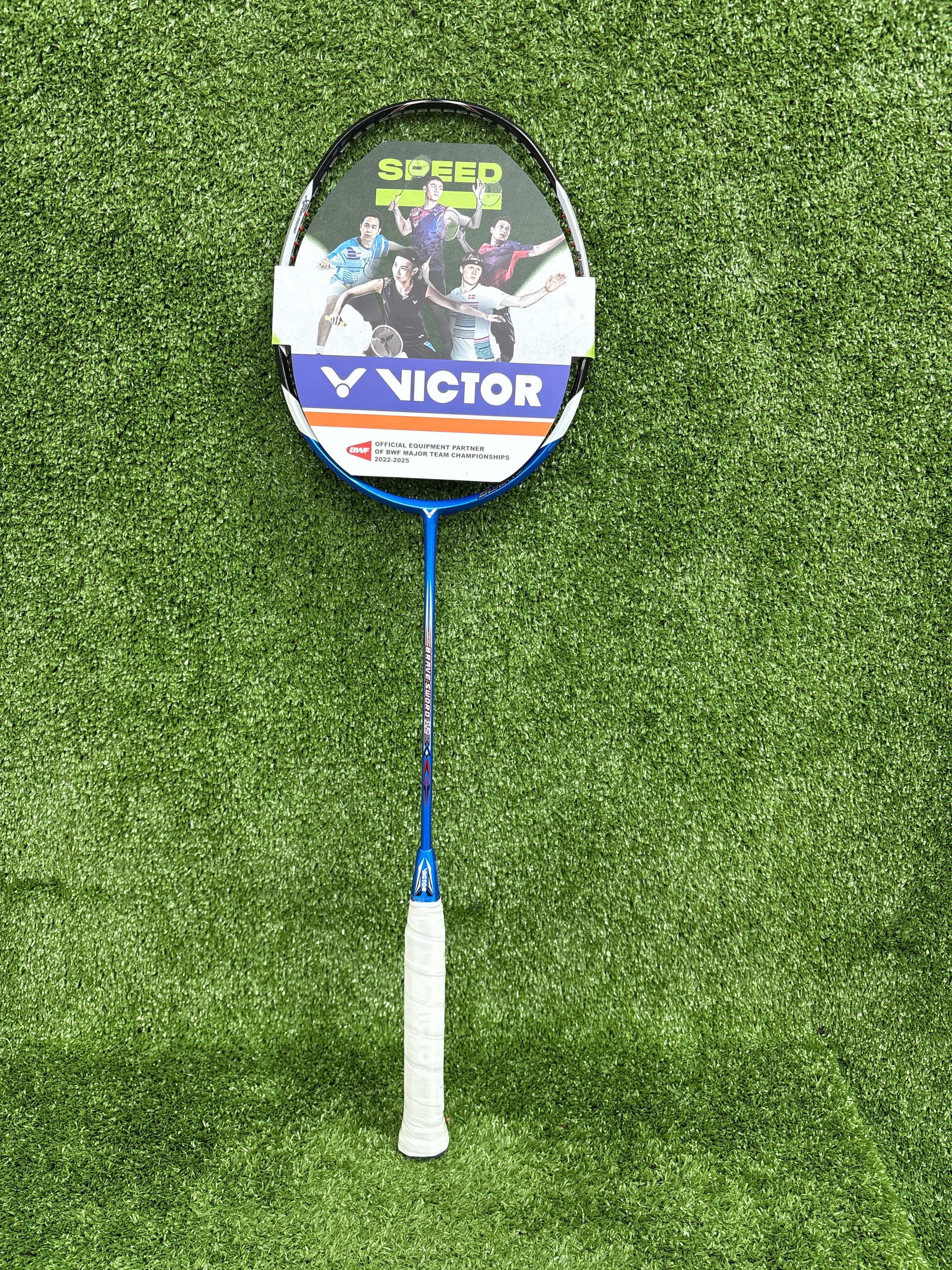 Full front view of the Victor Brave Sword 12 Pro (BRS-12) badminton racket in Midnight Blue, showing the unstrung aerodynamic frame.