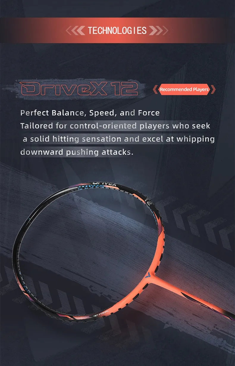 Promotional graphic showing a close-up of the Victor DriveX 12 aerodynamic frame, highlighting its perfect balance, speed, and force for control-oriented badminton players.