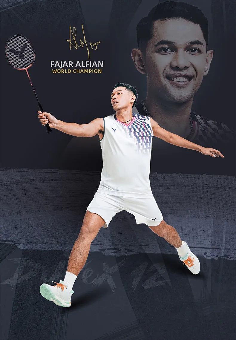 Promotional graphic featuring World Champion badminton player Fajar Alfian in action with the Victor DriveX 12 racket.