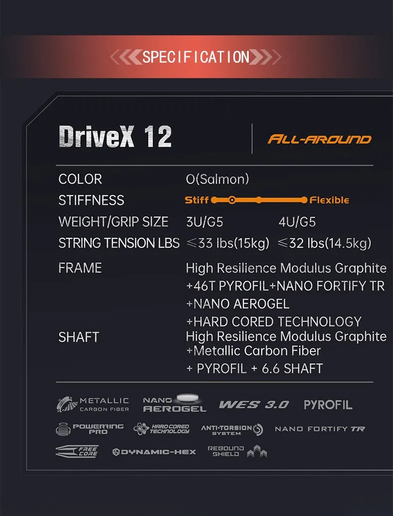 Technical specification chart for the Victor DriveX 12 badminton racket, detailing weight, string tension, frame, and shaft materials.