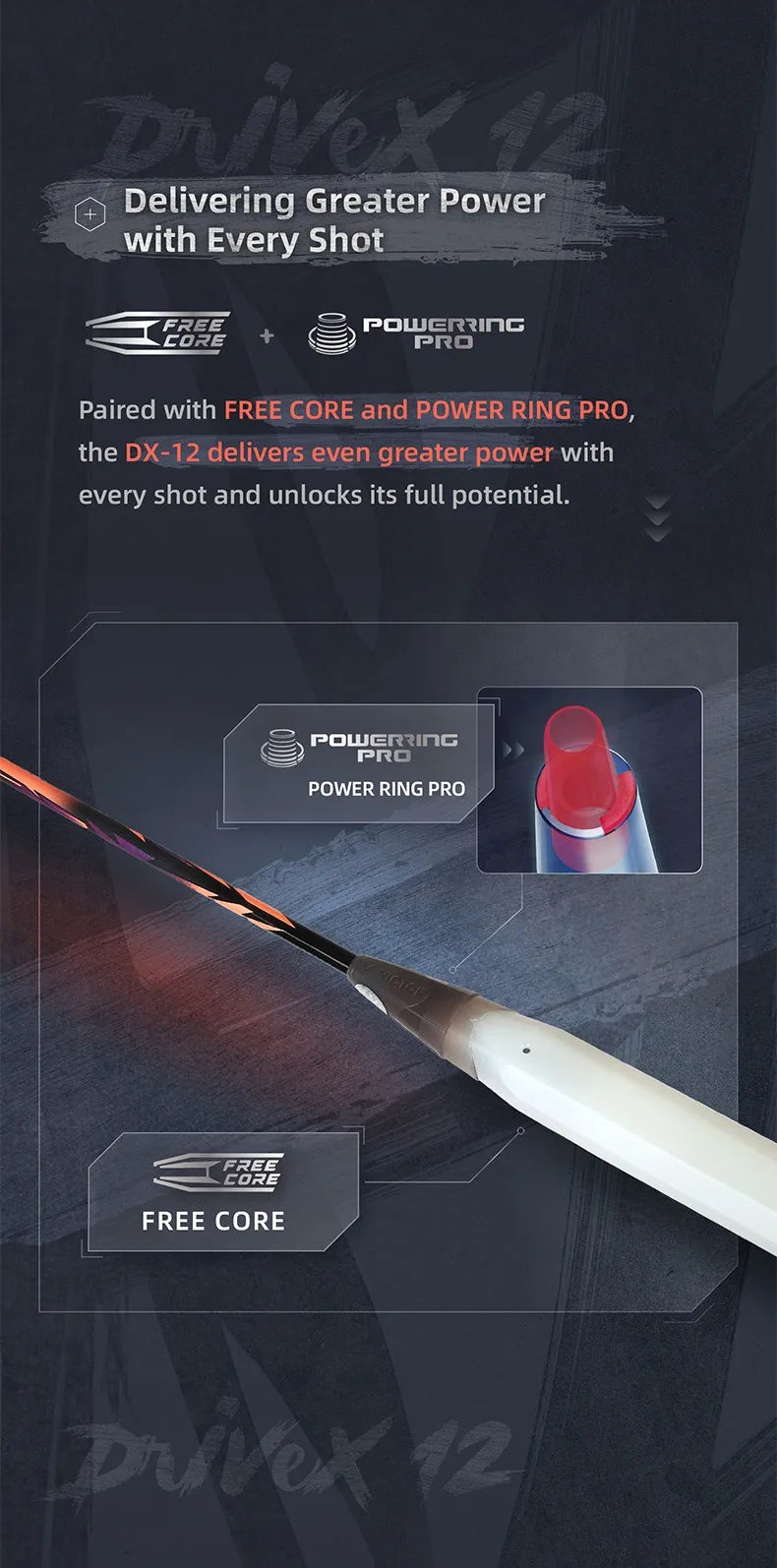 Promotional graphic highlighting the Victor DriveX 12's Free Core synthetic handle and Power Ring Pro technology, designed to deliver greater power with every shot.
