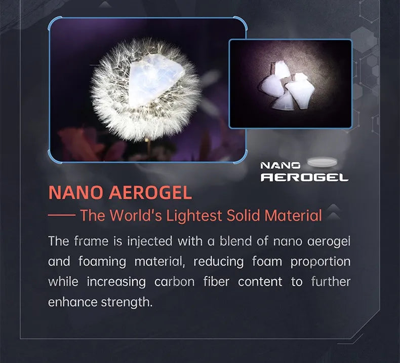 Promotional graphic for the Victor DriveX 12 badminton racket explaining its Nano Aerogel technology—the world's lightest solid material—used to enhance frame strength and reduce weight.