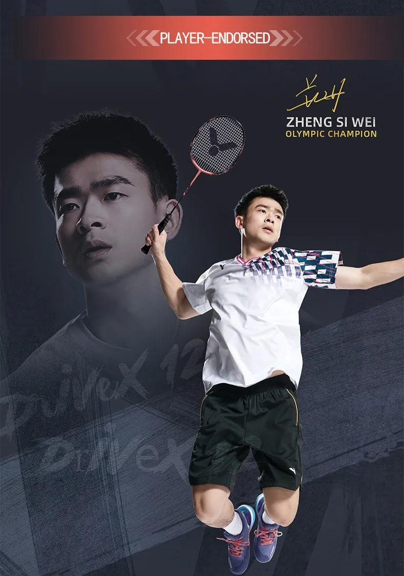 Promotional graphic for the Victor DriveX 12 badminton racket highlighting key technologies like Metallic Carbon Fiber, WES 3.0, Nano Aerogel, and Pyrofil.