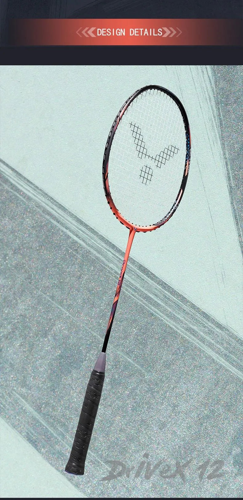 Full frame view of the Victor DriveX 12 badminton racket showcasing its aerodynamic head shape, brand logo, and premium design details.