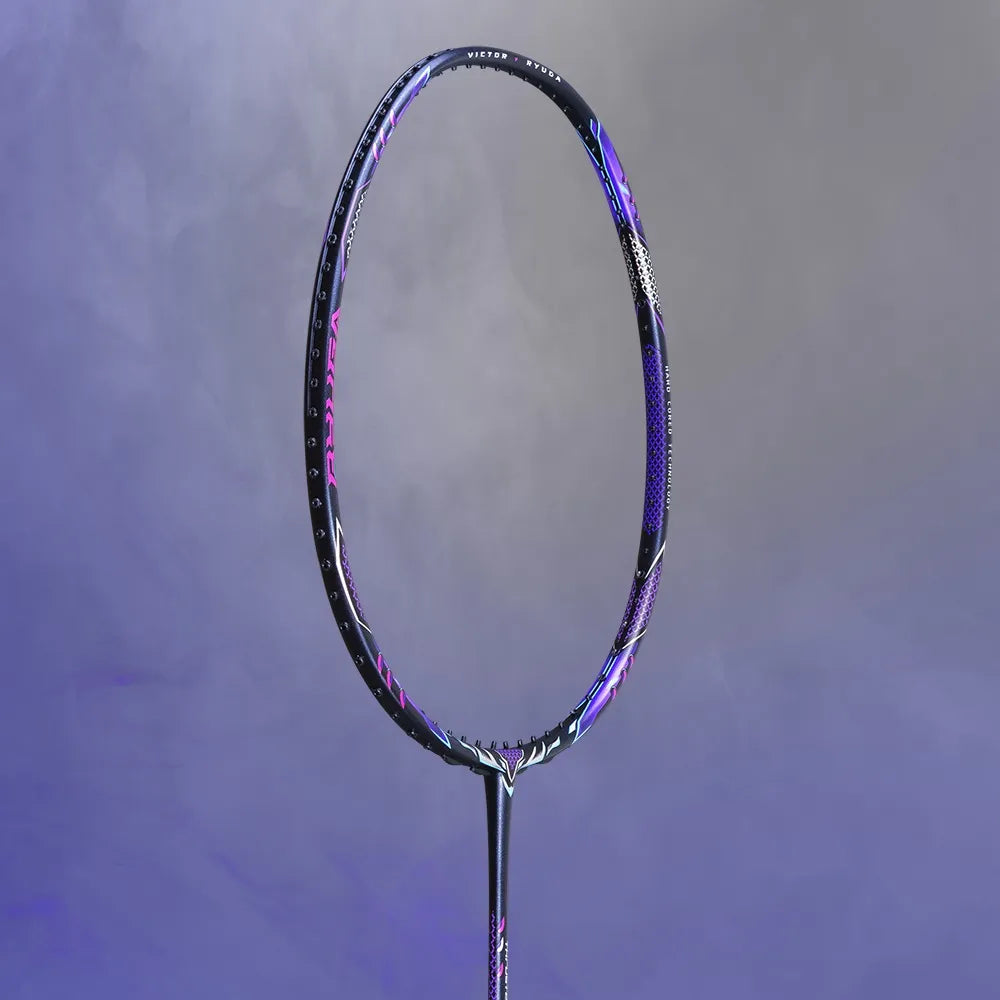 Isometric view of the Victor Thruster Ryuga II Pro B badminton racket head, highlighting the grommet pattern and frame thickness.