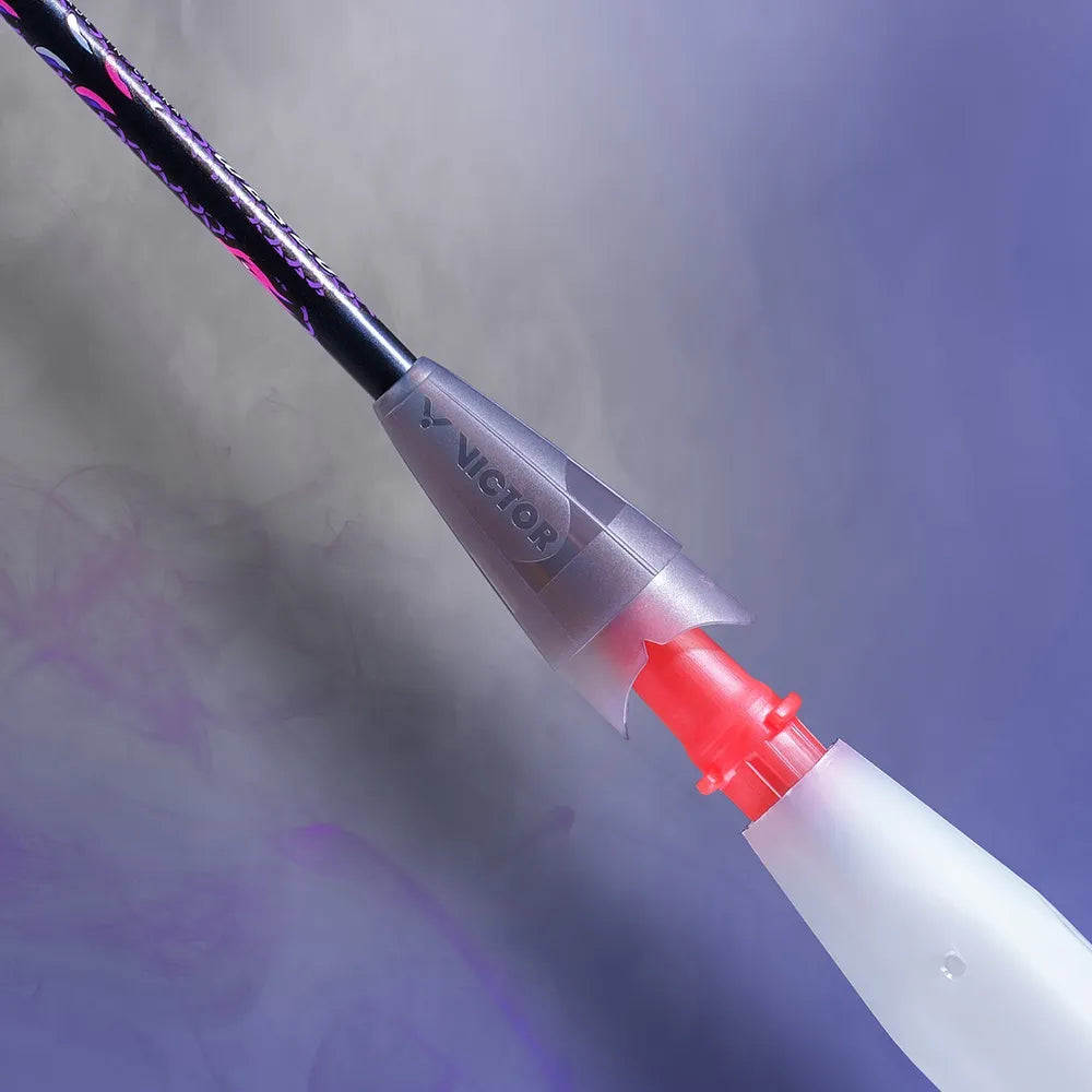 Close-up of the stiff PYROFIL carbon fiber 6.6mm shaft on the Victor Thruster Ryuga II Pro B badminton racket, featuring the Ryuga series decals.
