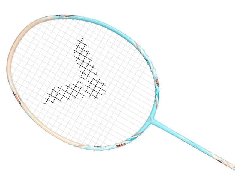 Victor Thruster Ryuga Muse Blue Cloud - Close-up of Isometric Racket Head with White and Blue Frame
